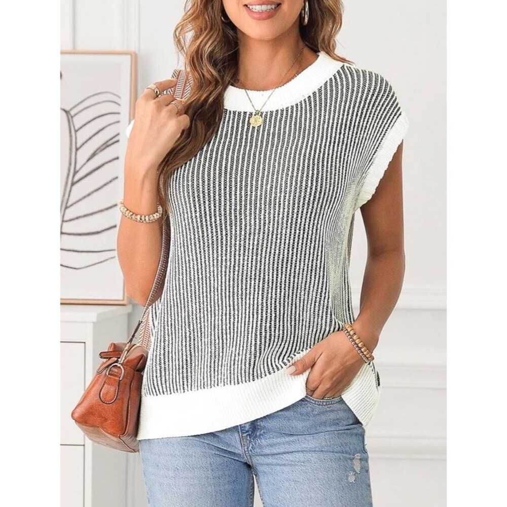 EVALESS Sweater Tank Tops Women Summer Cap Sleeve Striped Crew Neck Loose Size M